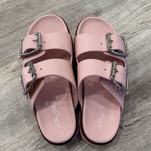 J/SLIDES Pale Pink Double-Buckle Slide Sandals